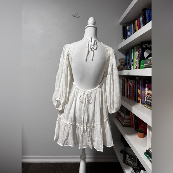 Free People Puff Sleeve Cute Button Front Tunic Mini Dress white Sz small - Picture 7 of 12
